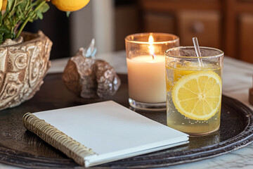 Fototapeta premium Cozy Refreshing Moment with Lemon Water, Burning Candle, and Open Notebook on a Vintage Tray