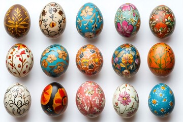 Fifteen colorful handmade easter eggs with floral patterns lying on white background