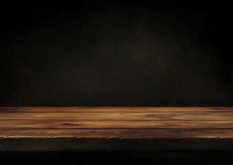 Rustic wooden table, dark background, product display