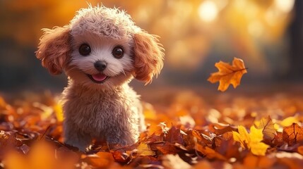 Cute little poodle puppy in autumn leaves on a sunny day