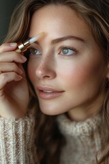 Obraz premium Beautiful woman applying cosmetic serum on forehead for perfect skin