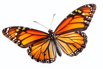 Fototapeta premium Close-up of a Flying Monarch Butterfly on White Background