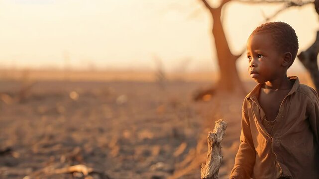 An African child suffers from thirst on the cracked earth in the desert. Water problems, global warming, drought, water shortage in the world, health problems, poverty and misery in countries. Climate