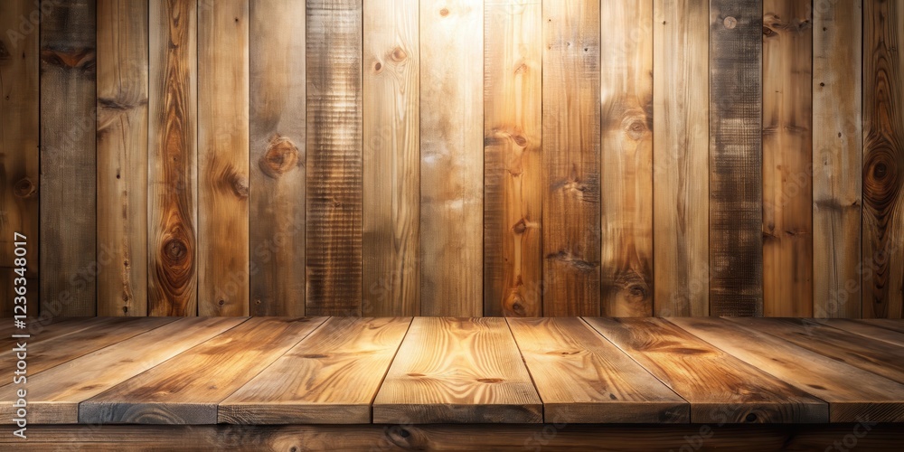 Poster a rustic wooden tabletop against a wall of weathered planks, perfect for displaying products or rust