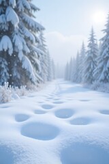 Fototapeta premium Serene winter forest path with snow and sunlight