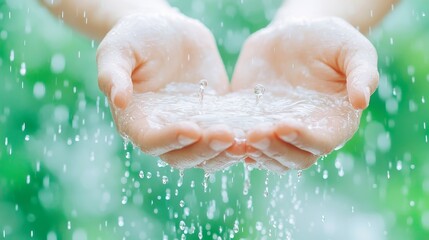 Fototapeta premium Hands cradling raindrops, embodying renewal and gratitude, highlighting the vital role of water in sustaining life, inviting reflection on nature's gifts