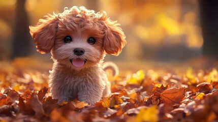 Cute little poodle puppy in autumn leaves on a sunny day