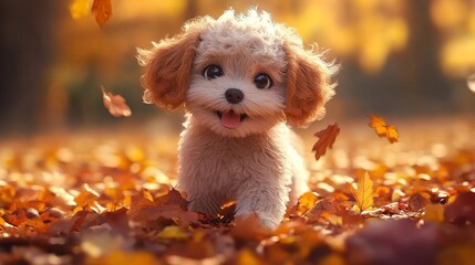 Cute little poodle puppy in autumn leaves on a sunny day