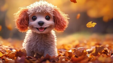 Cute little poodle puppy in autumn leaves on a sunny day