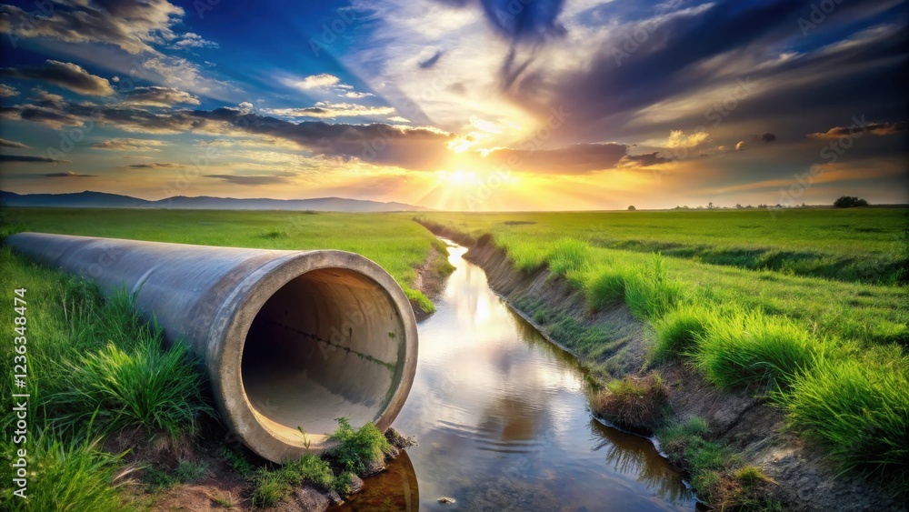 Poster a large concrete pipe sits in a grassy field beside a flowing stream at sunset, casting shadows on t