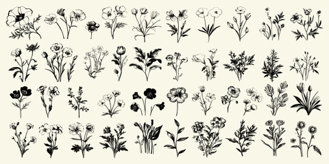 Vintage Millefleurs botanical illustration, second set in black and white, vector art capturing intricate floral designs and nature’s beauty in a timeless, elegant style.