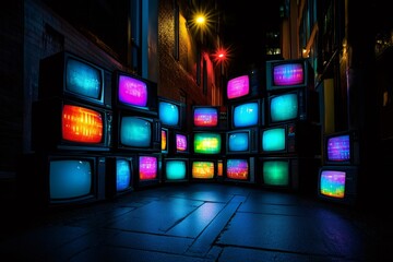 Old tvs showing colorful static noise in dark alley at night