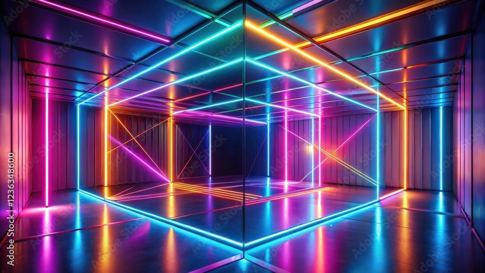 Poster a reflective room with vibrant neon lights creating a geometric interplay of color and light