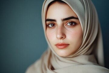 Naklejka premium Portrait of a young woman in traditional hijab, focusing on her expressive eyes and modern interpretation of modest dressing.