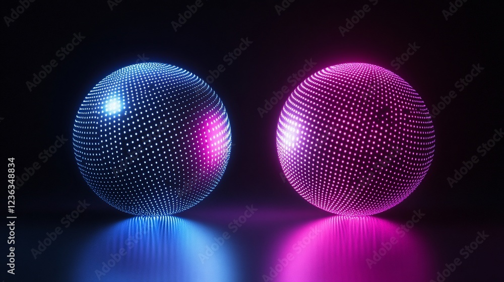 Poster two glowing spheres with different colors on dark surface with reflection