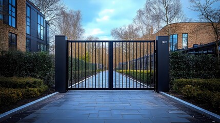 A gate with a black metal frame is in front of a building
