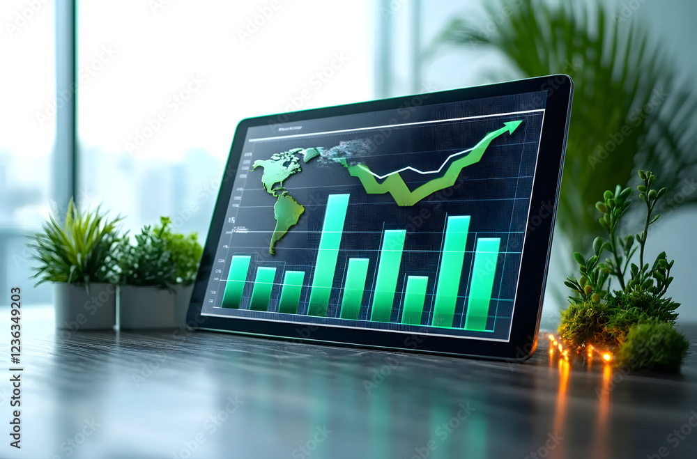 Poster digital dashboard showing esg performance metrics on a tablet, highlighting corporate responsibility