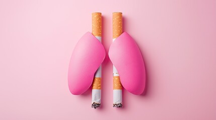 Pink lungs nestled between two cigarettes stark visual metaphor for detrimental effects of smoking on respiratory health