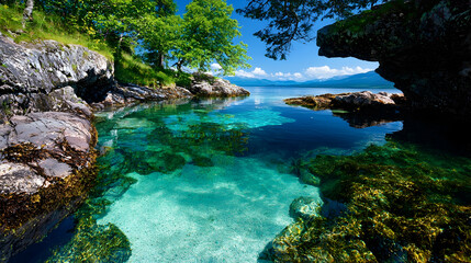 Fototapeta premium Crystal clear cove, rocky shores, summer day, tranquil scene