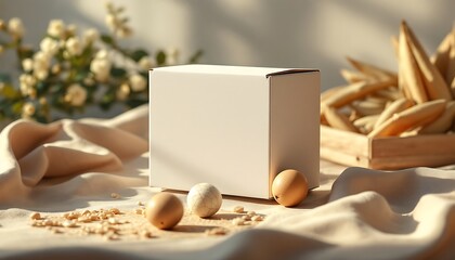 White Cardboard Box Mockup Pastel Eggs Soft Light Background
