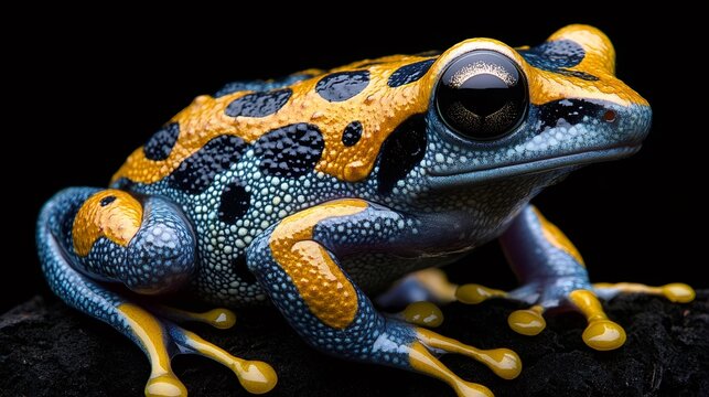 Vibrant harlequin frog posing on dark surface