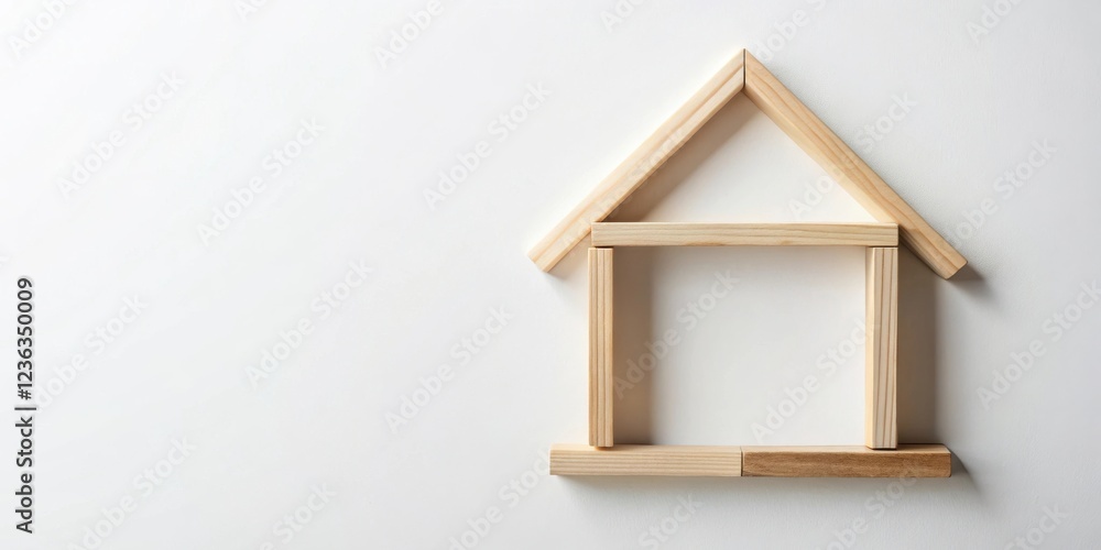 Aufkleber Simple wooden house model constructed from stacked blocks, featuring a triangular roof and rectangular base