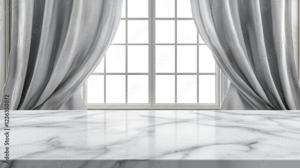 Poster empty white marble stone table top with blurred window and curtain background for product display, p