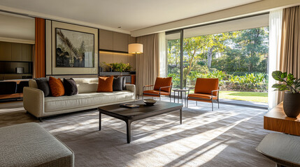 Luxury Lounge Room with Retro Furnishings & Garden View – Sunlit Interior