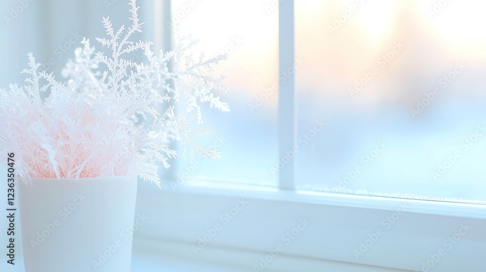 Poster frosted window morning, a serene view of delicate frost patterns illuminated by soft morning light, 
