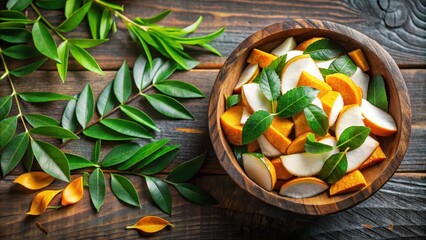 A vibrant and colorful arrangement of fresh curry leaves and coconut slices in a wooden bowl, creating a stunning display of textures and hues, coconuts, curry leaves
