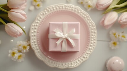Elegant pink gift box on a decorative plate surrounded by flowers