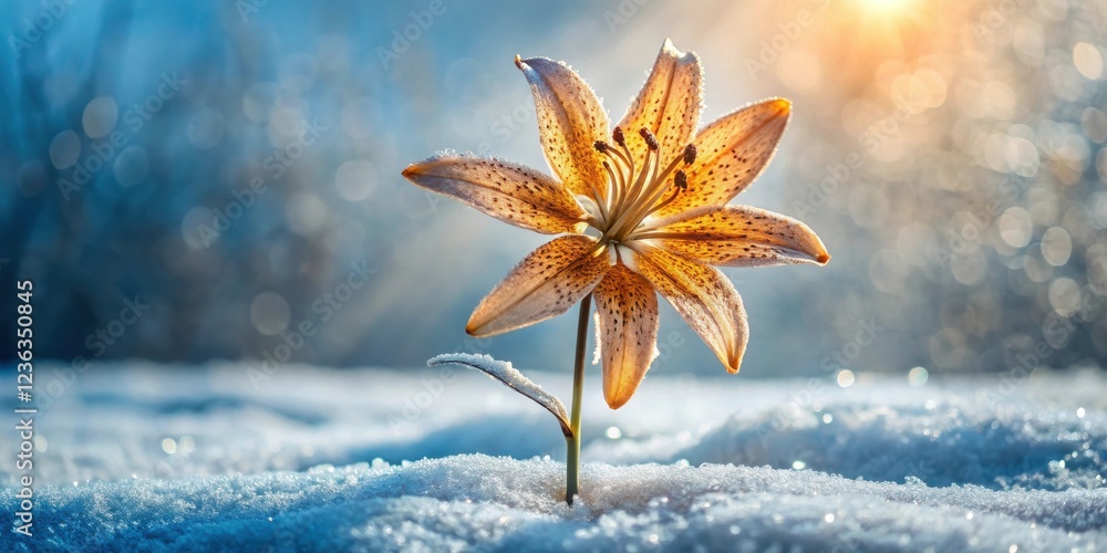 Poster a lone lily emerges from a blanket of freshly fallen snow, reaching towards the warm sunrays that br