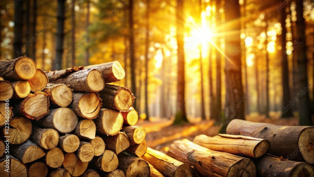 Poster Golden sunlight streams through the trees, illuminating a pile of stacked logs in an autumnal forest.