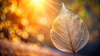 A Delicate Skeleton Leaf Bathed in Golden Sunlight, A Moment of Tranquility in Nature's Embrace