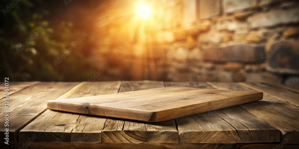 Poster a rustic wooden cutting board resting on a weathered tabletop against a blurry background of a stone