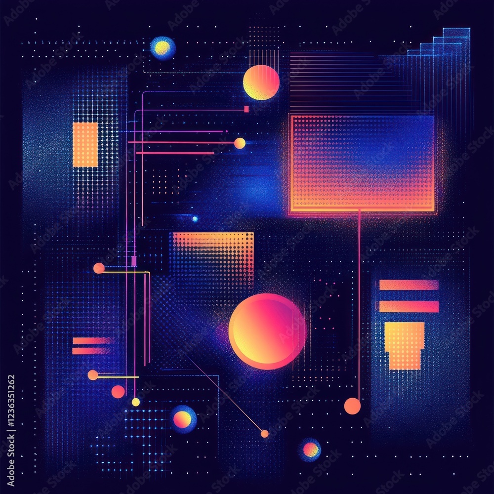 Poster abstract composition with glowing geometric shapes and lines on a dark background for tech use