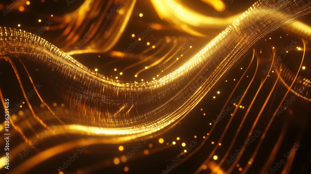 Poster abstract golden flowing lines with bokeh effect and glittering particles