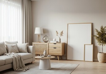 Bright, comfortable living room. Light sofa, wooden cabinet, framed art. Warm, inviting, stylish