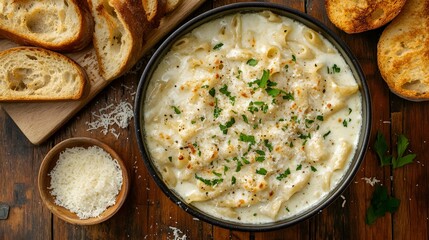 Delicious creamy pasta served with garlic bread and parmesan cheese on a rustic wooden table.