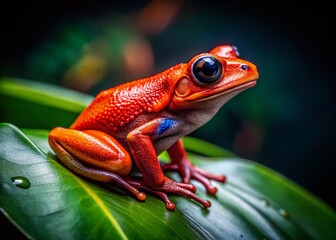 Colorful Red Frog in Vibrant Green Leaf Habitat