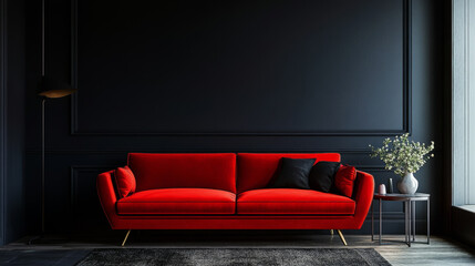 Bold Red Sofa Against a Dark Wall – Striking Interior Contrast