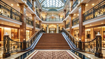 Fototapeta premium Grand staircase with intricate details and ornate railings leading to the upper floor of a shopping mall entrance area , carpeted floor, retail space