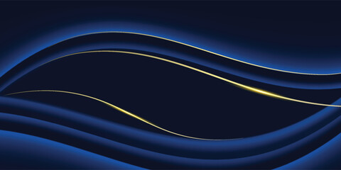 Abstract luxury glowing gold curved lines overlapping on dark blue background. Template award nomination ceremony design. Vector illustration