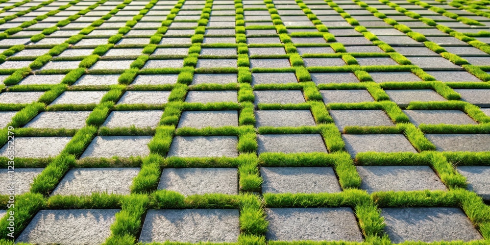 Poster a checkerboard pattern of square stones framed with lush green grass creates a unique and aesthetica