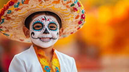 A young child showcases colorful Day of the Dead makeup and attire.