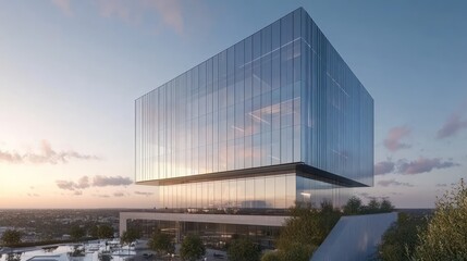 Modern glass skyscraper sunset city skyline rendering