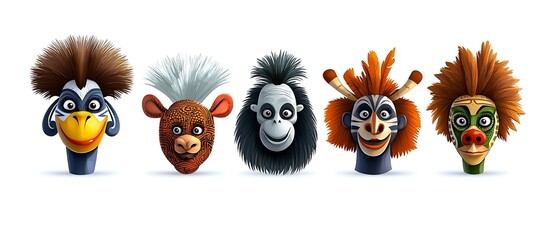 Colorful cartoon animal heads with exaggerated features and hairstyles arranged in a playful manner. diverse representation background heritage concept