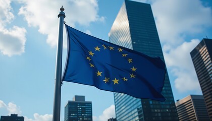 Flag of European Union waving in the wind in front of the modern buildings on sunny day. Europe Day. European Parliament elections, European Union Summits, G20 Summit. Future of Europe
