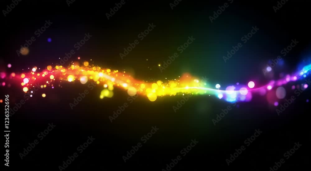 Poster vibrant abstract wave featuring glowing particles in a spectrum of colors against a dark backdrop, c