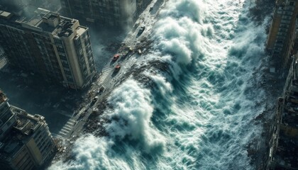 Massive Wave Crashing City Street Aerial View